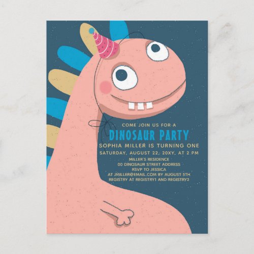 Dinosaur Pink Fun Cute Simple Kids 1th Invitation Postcard