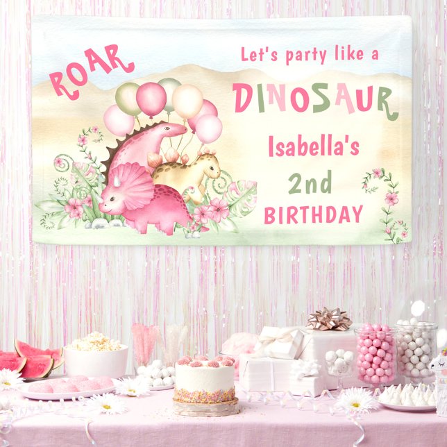 Dinosaur Pink Pastel Cute Floral Girl Birthday Banner (Dinosaur Pink Pastel Cute Floral Girl Birthday Banner)