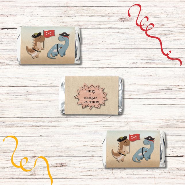 Dinosaur Pirate Birthday Party Twin Boys Custom Hershey's Miniatures (Treats for your Twins Dinosaur Pirate Birthday Party! These custom chocolates are great for kids.)