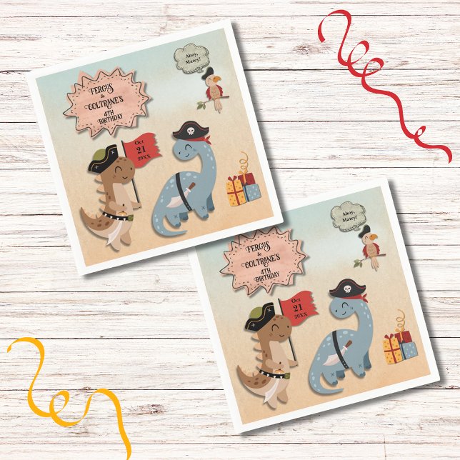 Dinosaur Pirate Birthday Party Twin Boys Custom Napkins (Your twin boys will love this Dino Pirate birthday party theme with TRex & Brontosaurus as Pirates!)