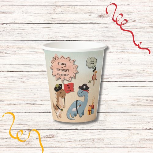 Dinosaur Pirate Birthday Party Twin Boys Custom Paper Cups