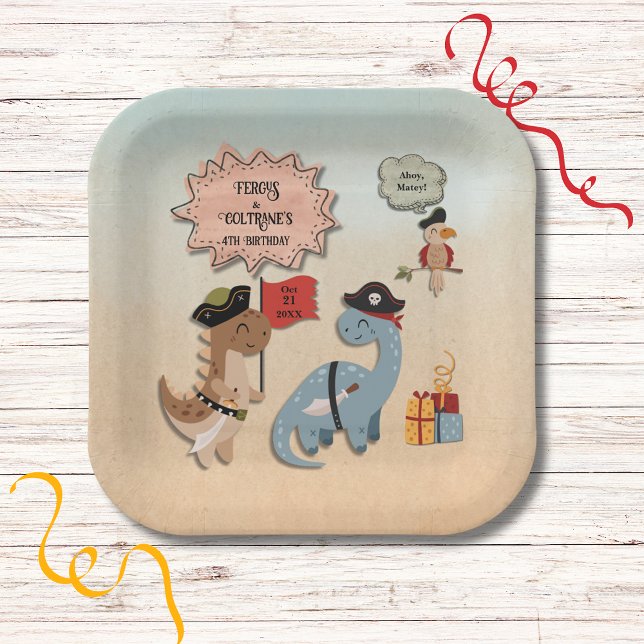 Dinosaur Pirate Birthday Party Twin Boys Custom Paper Plates (Dino Pirate Twins Birthday Party paper plates with TRex and Brontosaurus dressed as Pirates.)