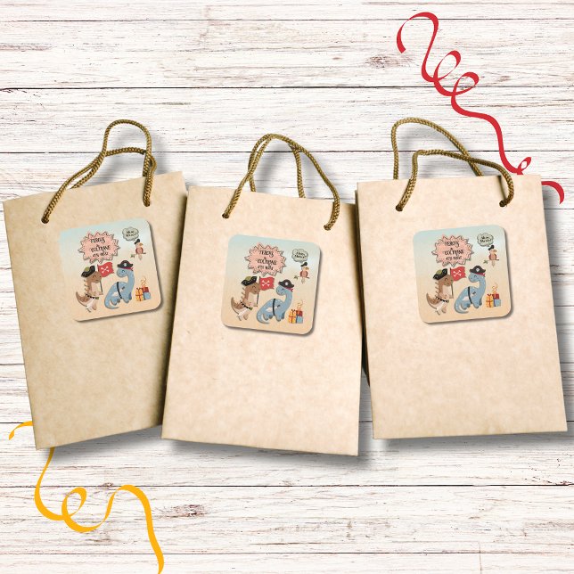 Dinosaur Pirate Birthday Party Twin Boys Custom Square Sticker (Dinosaur Pirate twins birthday party stickers to use on their gift bags or other items at the party.)