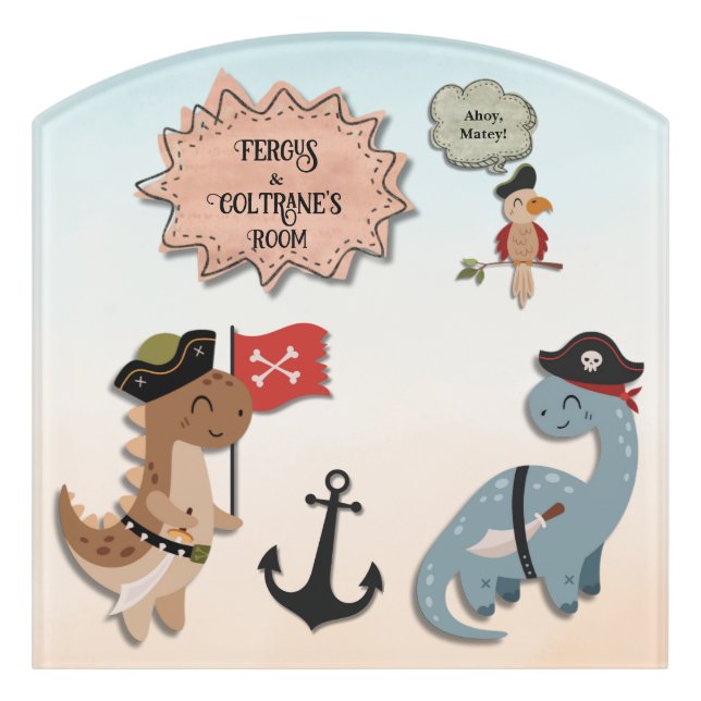 Dinosaur Pirate Twin Boys Birthday Party Custom Door Sign (Contour Front)