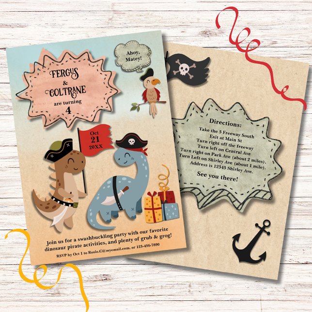 Dinosaur Pirate Twin Boys Birthday Party Custom Invitation (Treat your twins to a Dino Pirate Birthday Party! TRex & Brontosaurus party in their pirate gear.)