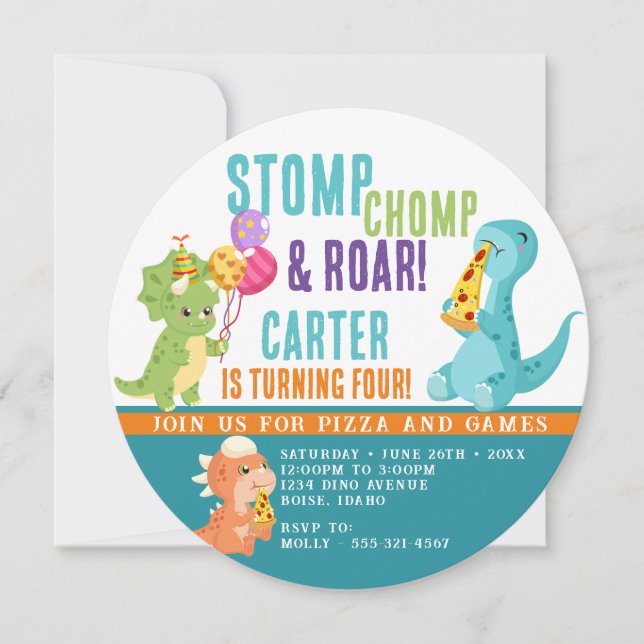 Dinosaur Pizza Party Round Invitation (Front)