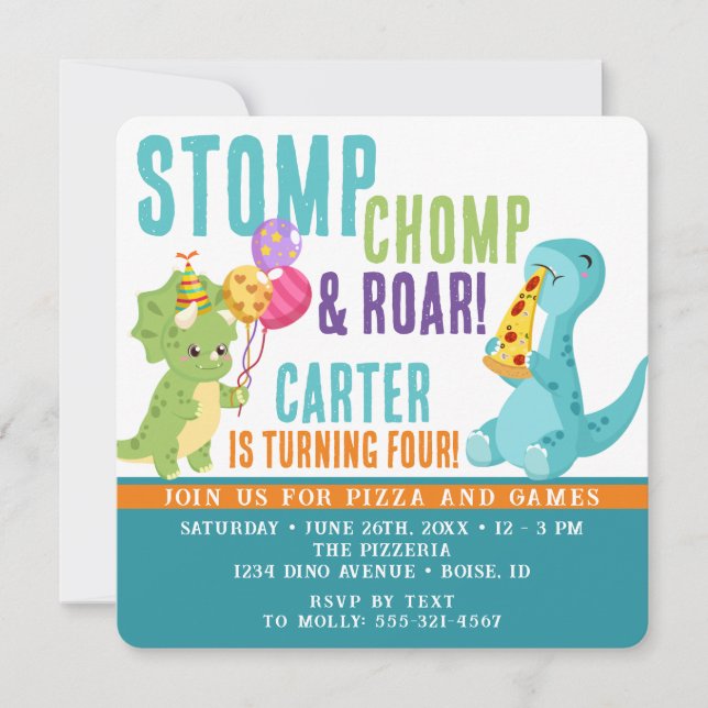 Dinosaur Pizza Party Square Invitation (Front)