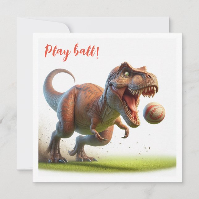 Dinosaur playing ball, t-rex birthday invitation (Front)