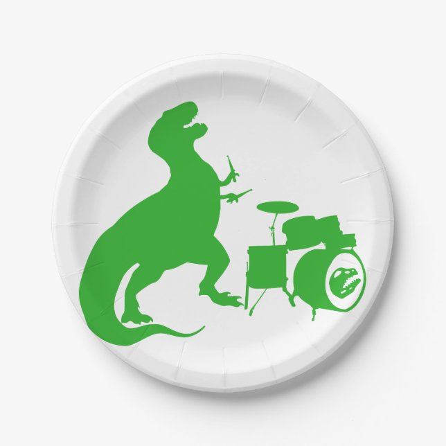 Dinosaur playing drums - Choose background color Paper Plates (Front)