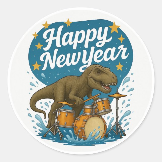 Dinosaur Playing Drums Sticker Happy New year. (Front)
