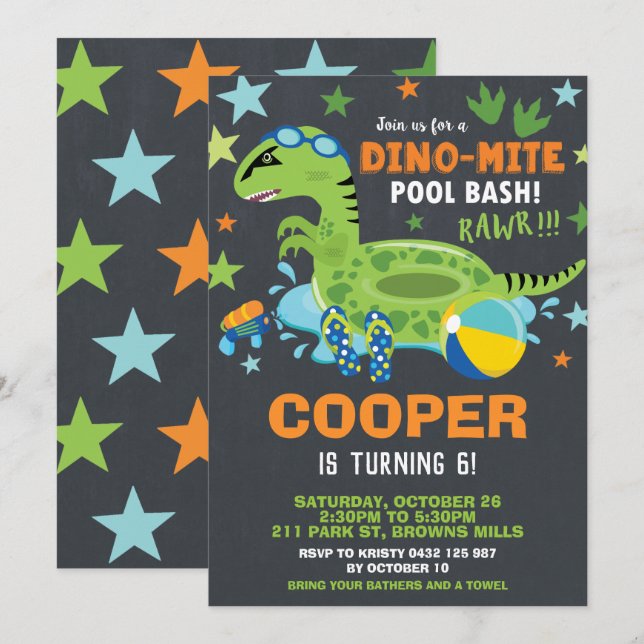 Dinosaur Pool Birthday Party Bash Boy Dino-mite Invitation (Front/Back)