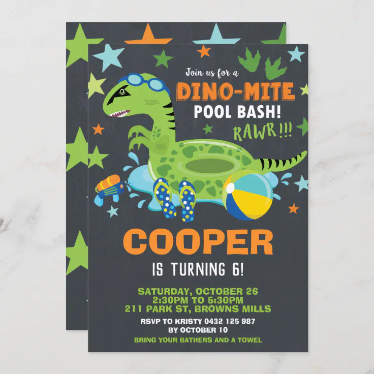 Dinosaur Pool Birthday Party Bash Boy Dino Mite Invitation Zazzle