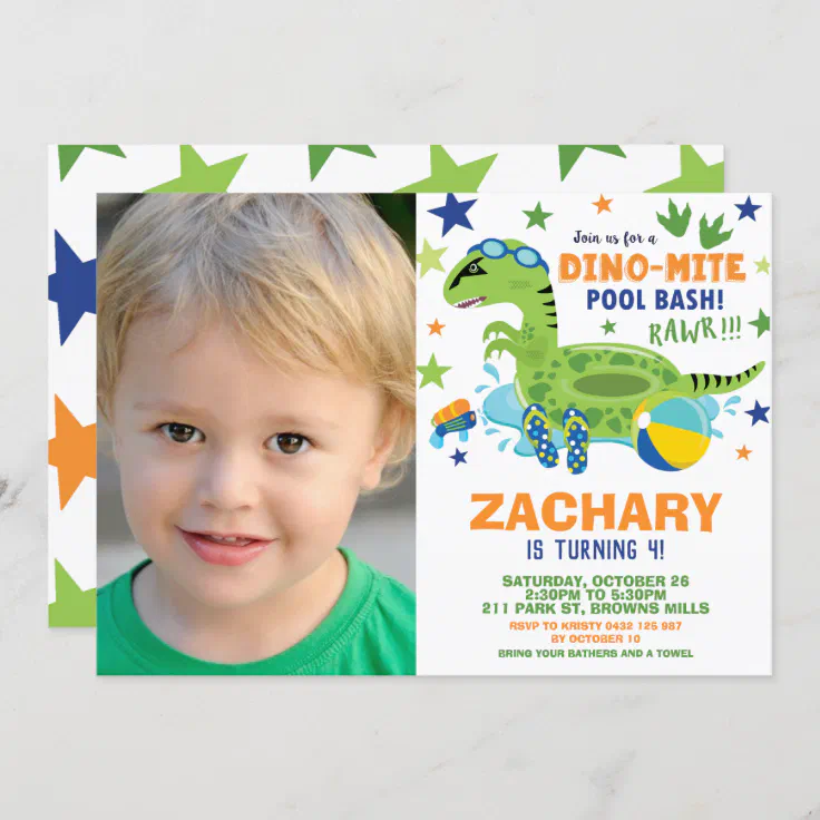 Dinosaur Pool Birthday Party Bash Boy Swim Floatie Invitation Zazzle