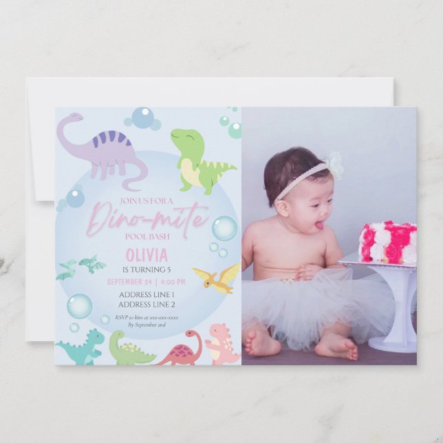 dinosaur pool party girl photo birthday invitation (Front)