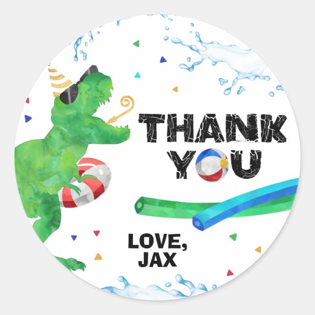 Dinosaur Pool Party Thank You Sticker (Front)