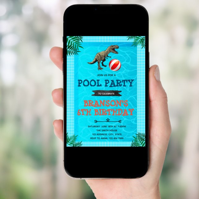 Dinosaur pool party theme invitation (Front Digital)