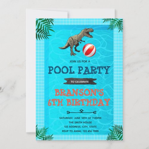 Dinosaur pool party theme invitation