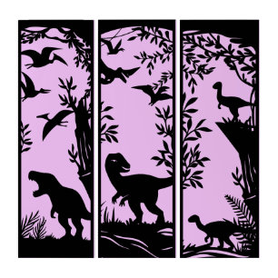 Dinosaur Prehistoric Animal Purple Black Triptych