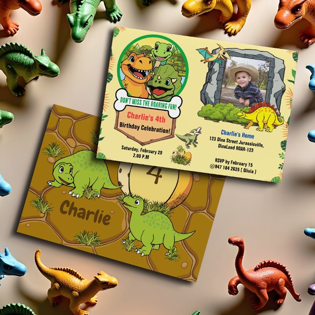 Dinosaur Prehistoric Cartoon Photo Kids Birthday Invitation (Creator Uploaded)