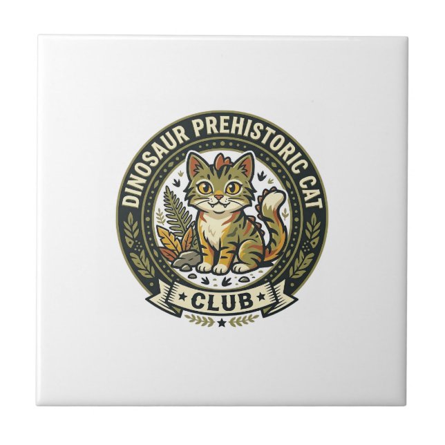 Dinosaur Prehistoric Cat Cat Graphic Tee Art - Din Ceramic Tile (Front)