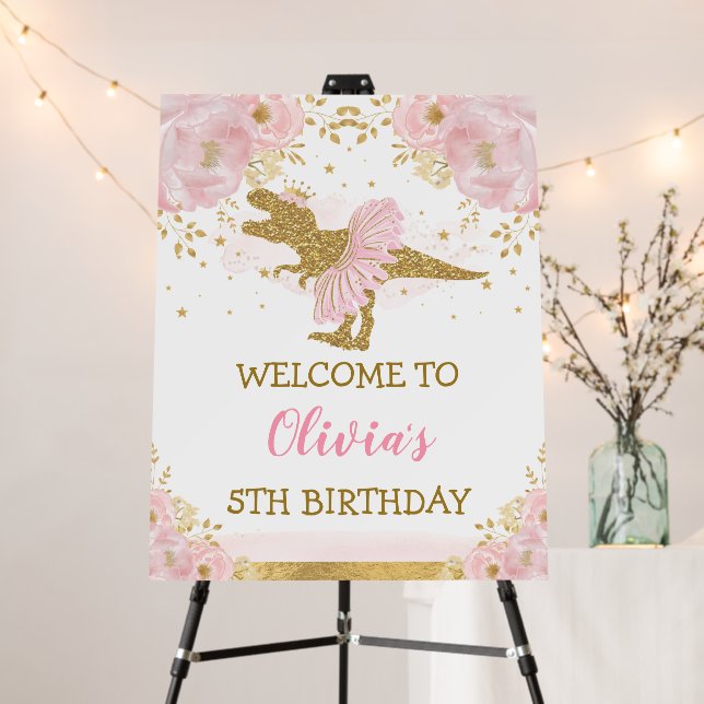 Dinosaur Princess Ballerina Blush Floral Welcome Foam Board (In Situ (Stand))