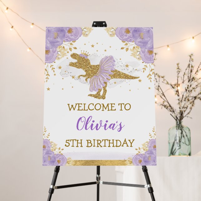 Dinosaur Princess Ballerina Purple Floral Welcome Foam Board (In Situ (Stand))