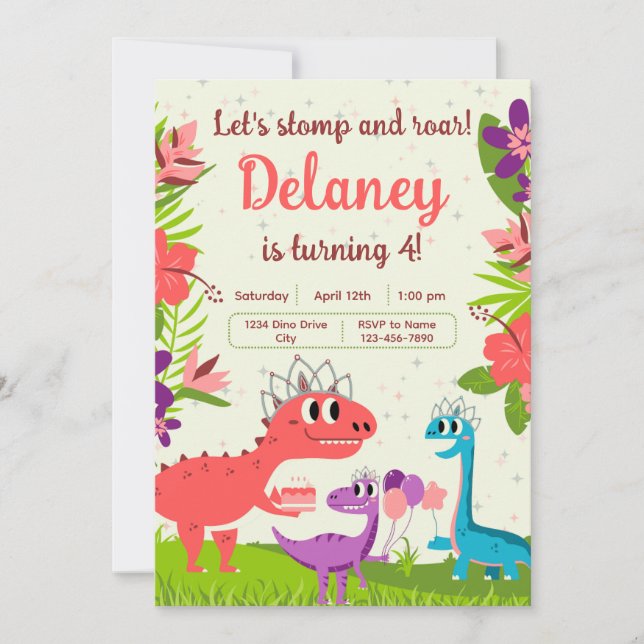 Dinosaur Princess Birthday Invitation (Front)