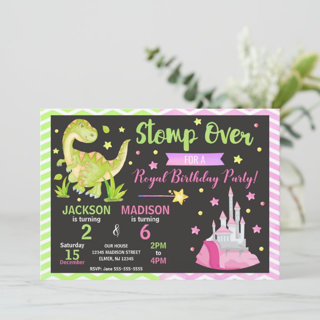 Dinosaur & Princess Joint Birthday Invitation (Standing Front)