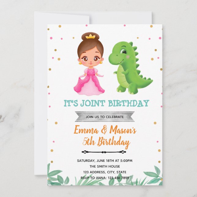 Dinosaur princess joint party invitation (Front)