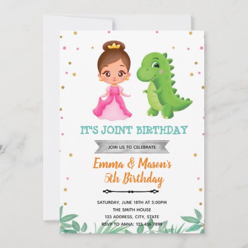 Dinosaur princess joint party invitation