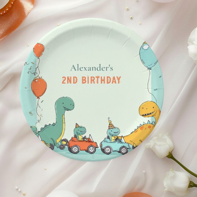 Dinosaur Race Car 2nd Birthday Paper Plates (Creator Uploaded)
