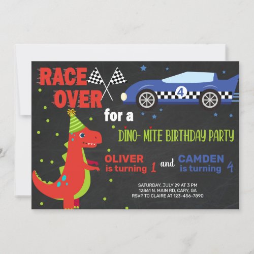 Dinosaur  race car siblings birthday invitation invitation