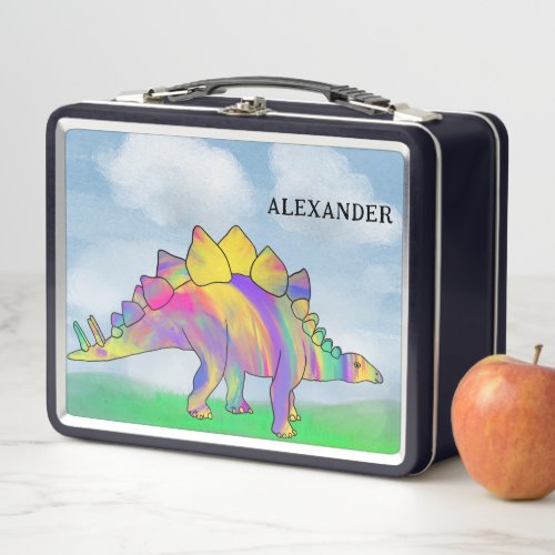 Dinosaur Rainbow Stegosaurus Kids Name Metal Lunch Box
