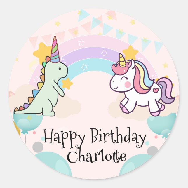  Dinosaur Rainbow Unicorn gradient birthday party  Classic Round Sticker (Front)