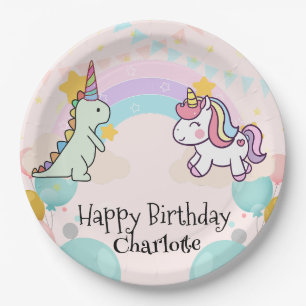 Dinosaur Rainbow Unicorn gradient birthday party Paper Plates