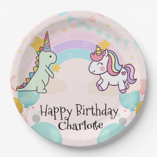  Dinosaur Rainbow Unicorn gradient birthday party  Paper Plates