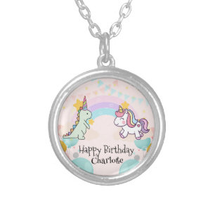 Dinosaur Rainbow Unicorn gradient birthday party Silver Plated Necklace