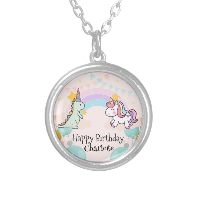  Dinosaur Rainbow Unicorn gradient birthday party  Silver Plated Necklace (Front)