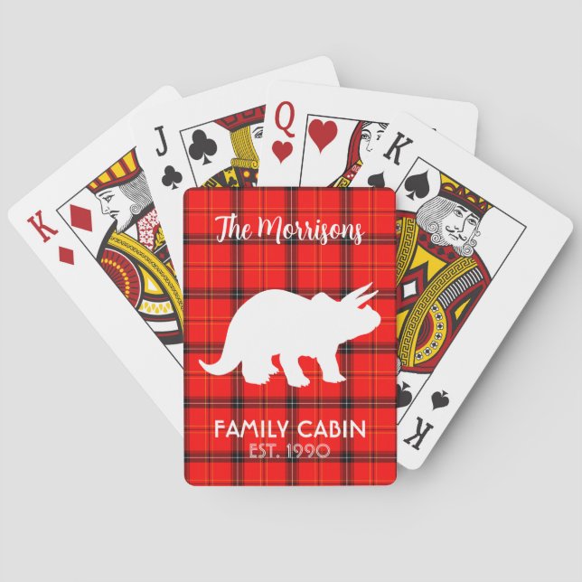 Dinosaur Red Buffalo Plaid Family Cabin Name Poker Cards (Back)