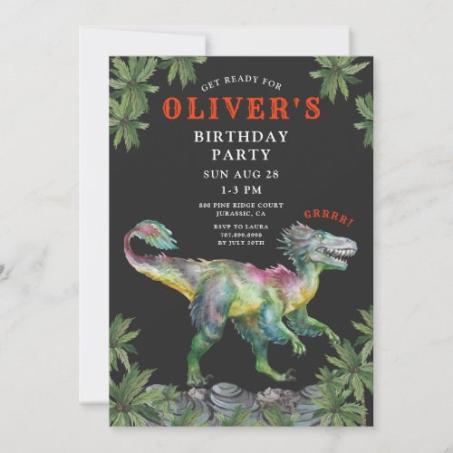 Dinosaur Red Green Black Kids Birthday Invitation