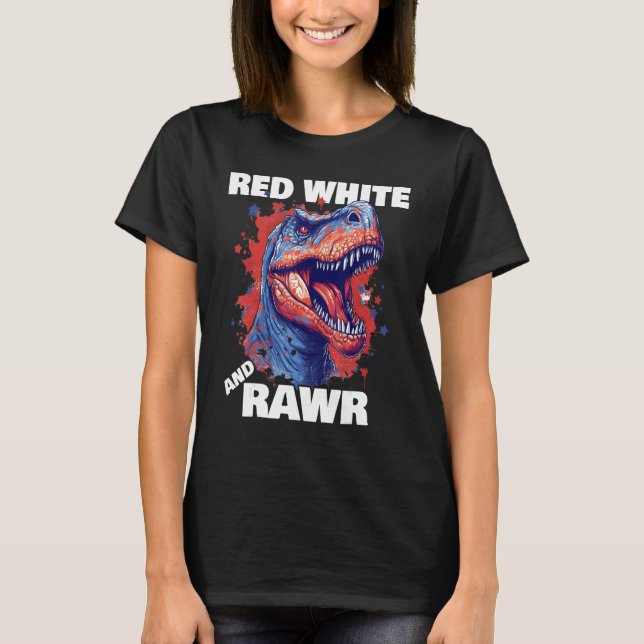 Dinosaur Red White Rawr American Flag 4th of July  T-Shirt (Front)