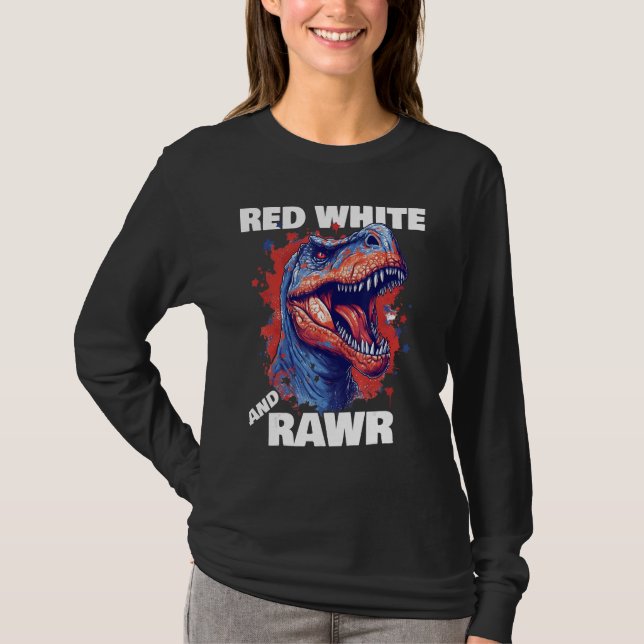 Dinosaur Red White Rawr American Flag 4th of July  T-Shirt (Front)
