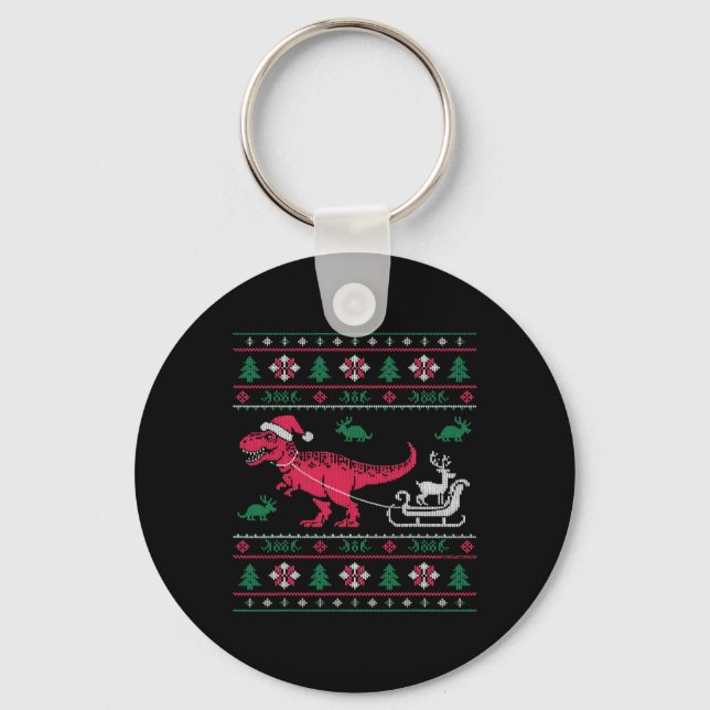 Dinosaur Reindeer Sleigh Ugly Christmas  Keychain (Front)