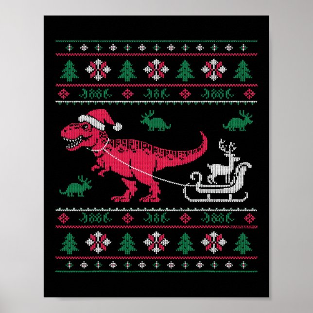 Dinosaur Reindeer Sleigh Ugly Christmas  Poster (Front)