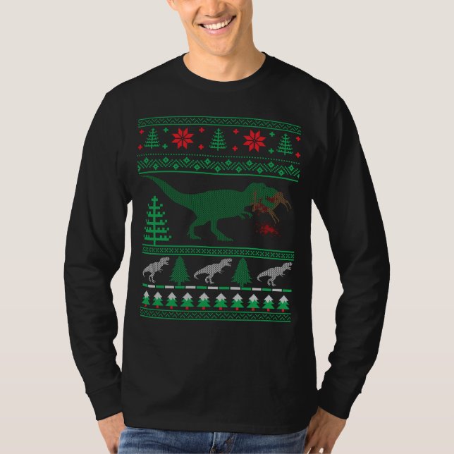Dinosaur Reindeer Tree Rex Ugly Christmas Sweater (Front)