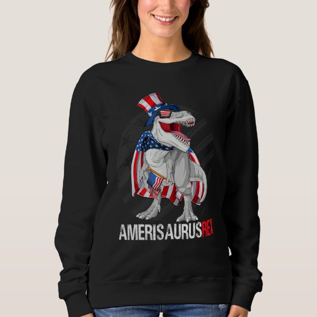 Dinosaur Rex 4th of July Boys Kids American Flag D Sweatshirt (Front)