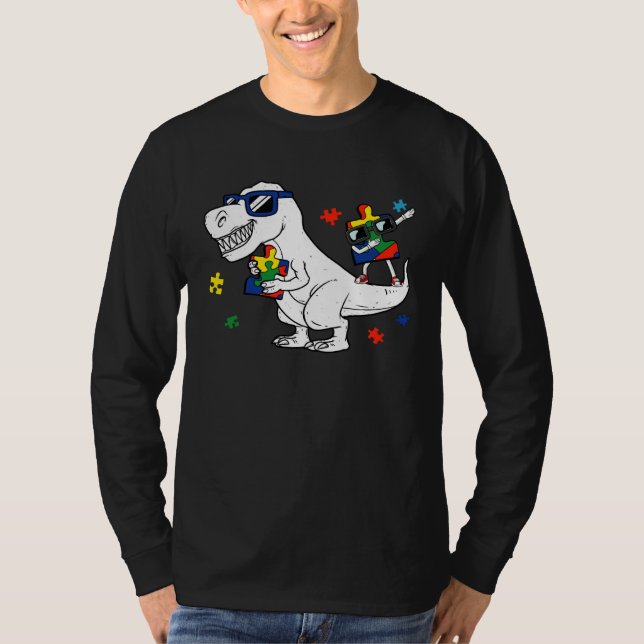 Dinosaur Rex Autism Awareness Month Support Puzzle T-Shirt (Front)