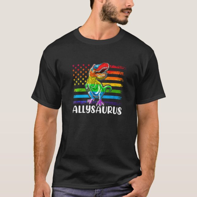 Dinosaur Rex Lgbt Gay Pride Flag Allysaurus Ally M T-Shirt (Front)