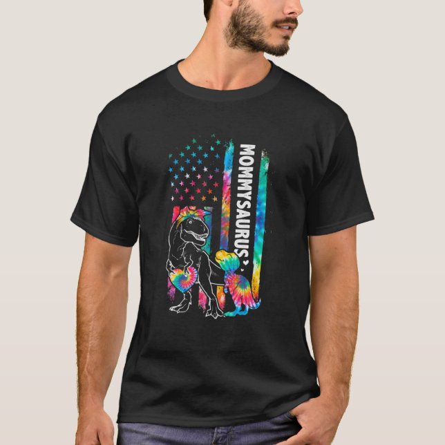 Dinosaur Rex Mommy Saurus Tie Dye USA Flag Matchin T-Shirt (Front)