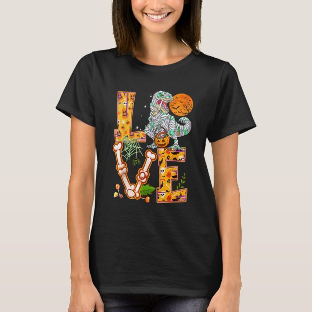 Dinosaur Rex Mummy With Halloween Pumpkin Trick Or T-Shirt (Front)